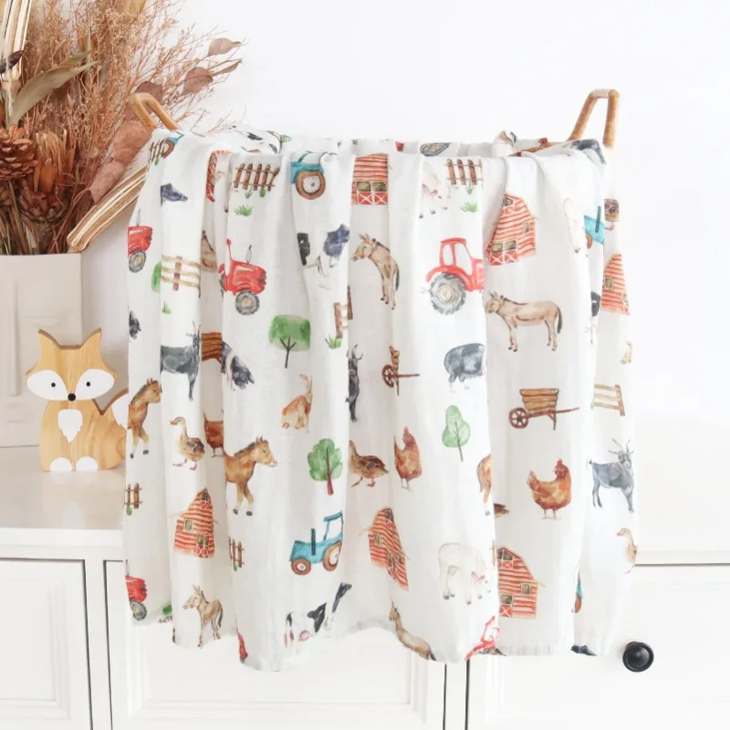 Farm Print Muslin Swaddle Bamboo Cotton Baby Blankets Newborn Receiving Blanket Super Soft  2 Layers Blanket Shower Wrap