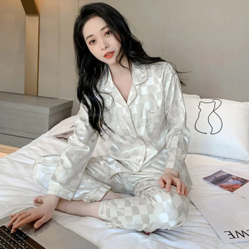 Women\'s Pajamas Sets Spring Autumn 2 Piece Plaid Pyjama Faux Silk Satin Sleepwear Long Sleeve Button Pijama Mujer Pjs Homewear