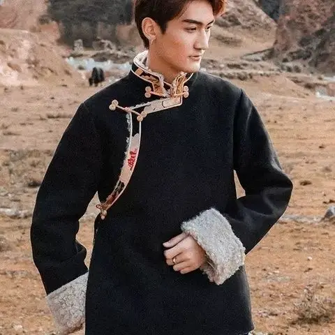 

Традиционная тибетская одежда, черные костюмы, мужская шуба из искусственной шерсти, зимняя куртка на хлопковой подкладке