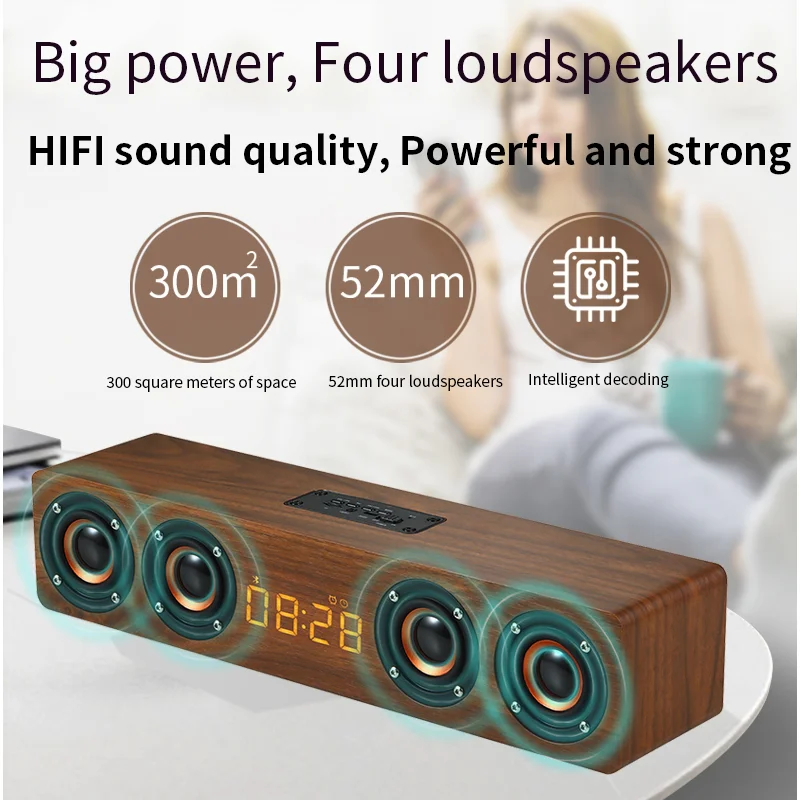 Wooden Bluetooth Speaker Alarm Clock Multi-function Wireless Subwoofer TV Soundbar Home Theater Column for Computer Speakers FM