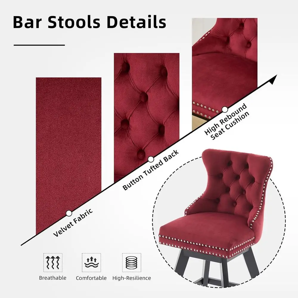 Swivel Counter Height Bar Stools Set of 2, Upholstered with Button-Tufted Back, Rivet Trim, Solid Wood Legs, 26 Seat Height, Win view 4