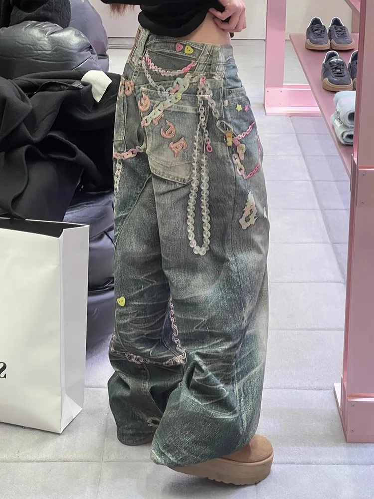 

3D Print Candy Chain Denim Jeans Straight Leg Wide Leg Men's Women's American High Street Cool Trendy Straight Tube Pants