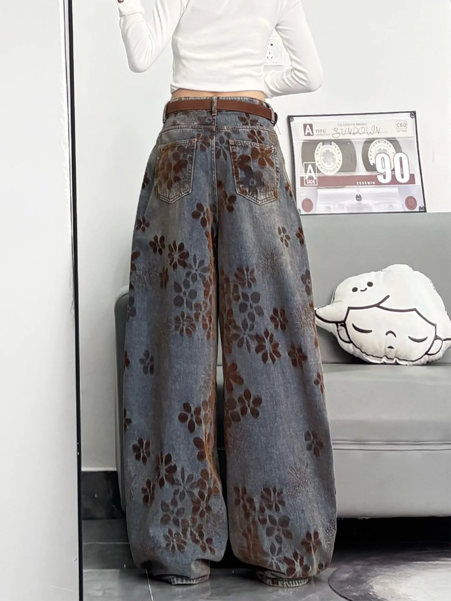 Retro Amerikanische Gestrickte Breite Bein Jeans frauen Lose Gerade Geschnitten Hosen Frühjahr Neue Design Schlankheits Wirkung Casual Jeans