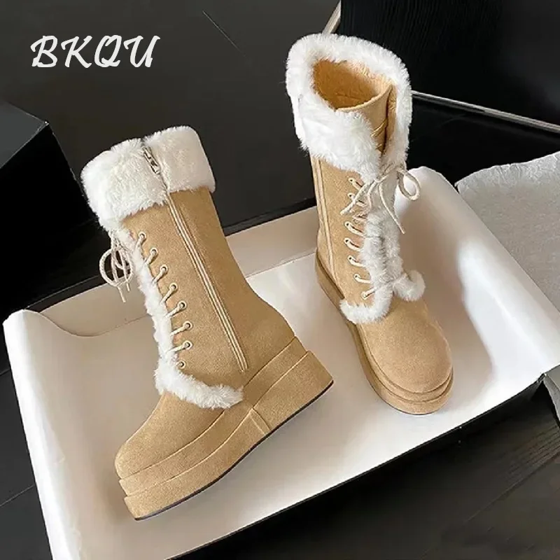 

BKQU Maillard Lamb wool side zipper Snow Boots Women's Fall 2024 small thick sole with fleece fur in one mid-calf boots