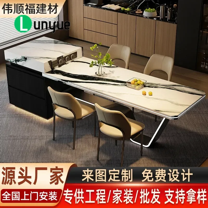 Imported Black Natural Rock Slab Kitchen Island Modern Light Luxury Dining Table Integrated Retractable Countertop for Home