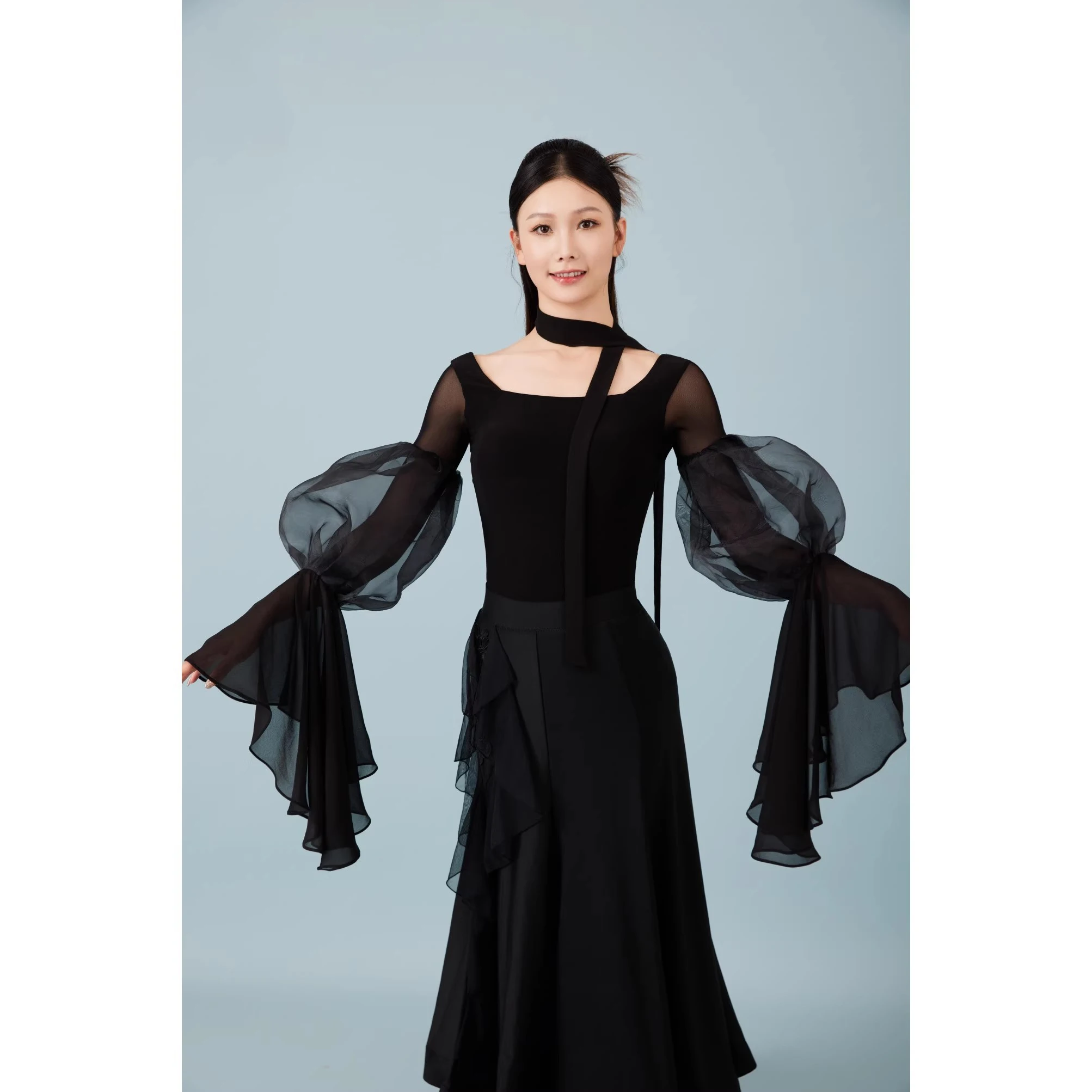 2025 Elegant Modern Dance Clothes Mesh Top Jumpsuit Women Waltz Chacha Rumba Tango Latin Ballroom Dance Costumes Wear DN21948
