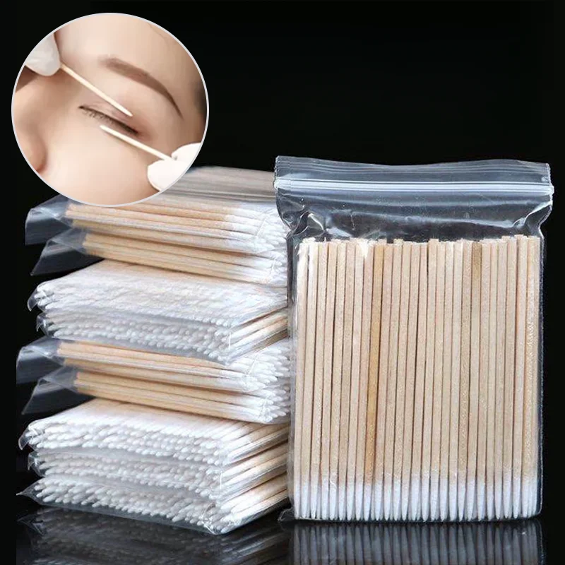 100/300PC 7/10cm Disposable Ultra-small Micro Brushes Eyelash Extension Glue Removing Tool Double-end Wood Cotton Swab Lint-Free