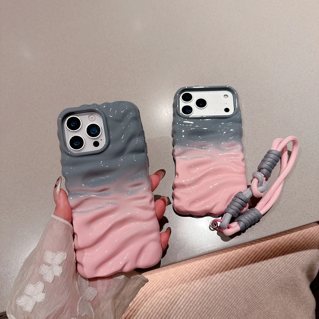 

Стильный дизайн, цветное зрение, кремовый морщинистый узор с ремешком, чехол для телефона для iPhone 17, 16, 15, 14 Pro Max