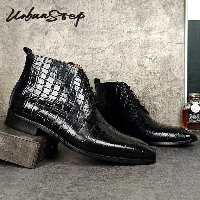 Luxury Brand Men's Boots Black Crocodile Print Ankle Boots Casual Dress Men Shoes Office Wedding Leather Boots Men