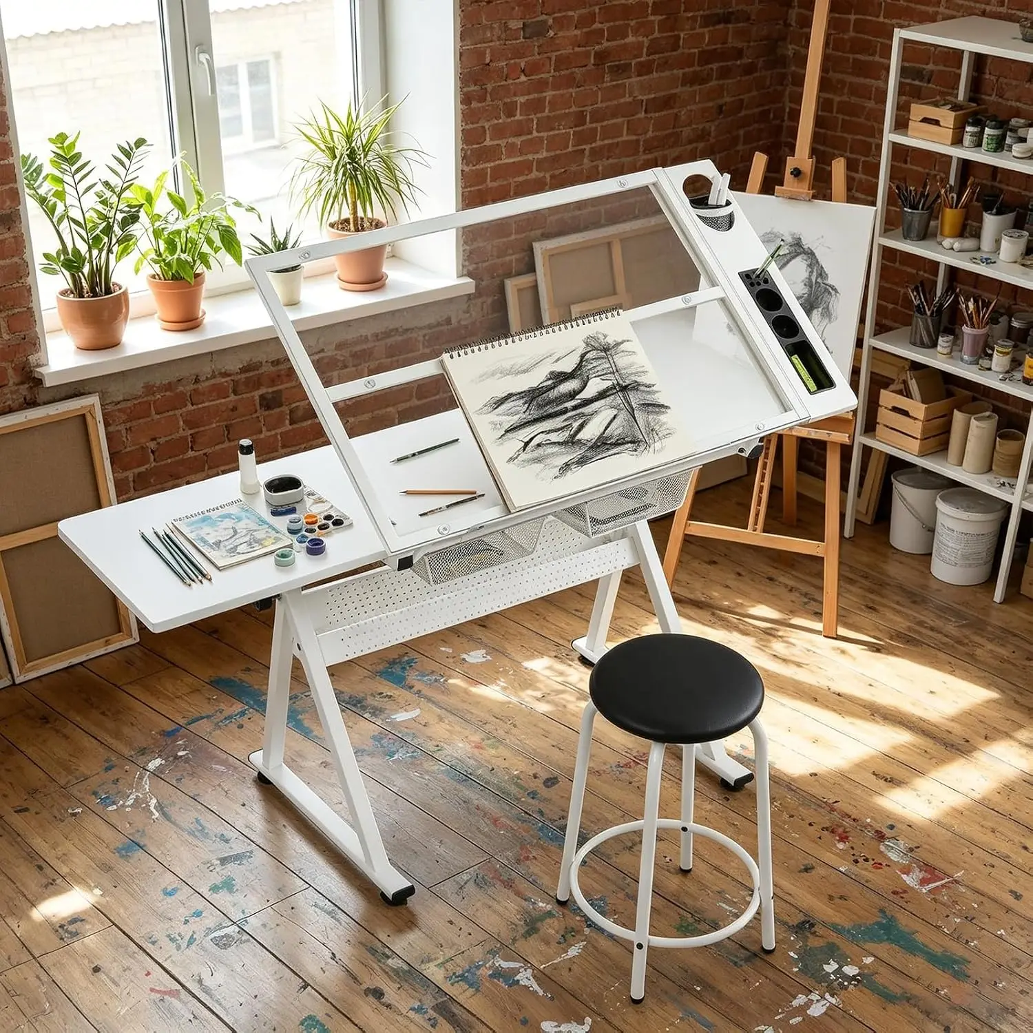 Adjustable Drafting Desk with Stool, Multi-Functional Art Table for Drawing & Painting, Custom