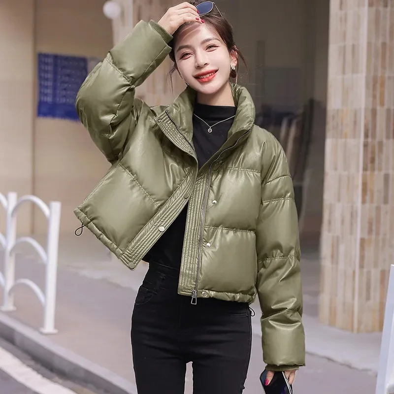 CoffeeMaillard Stand Up Collar New Short 2024 Winter Petite Fashion Bread Warm Thickened PU Leather Down Cotton Jacket For Women