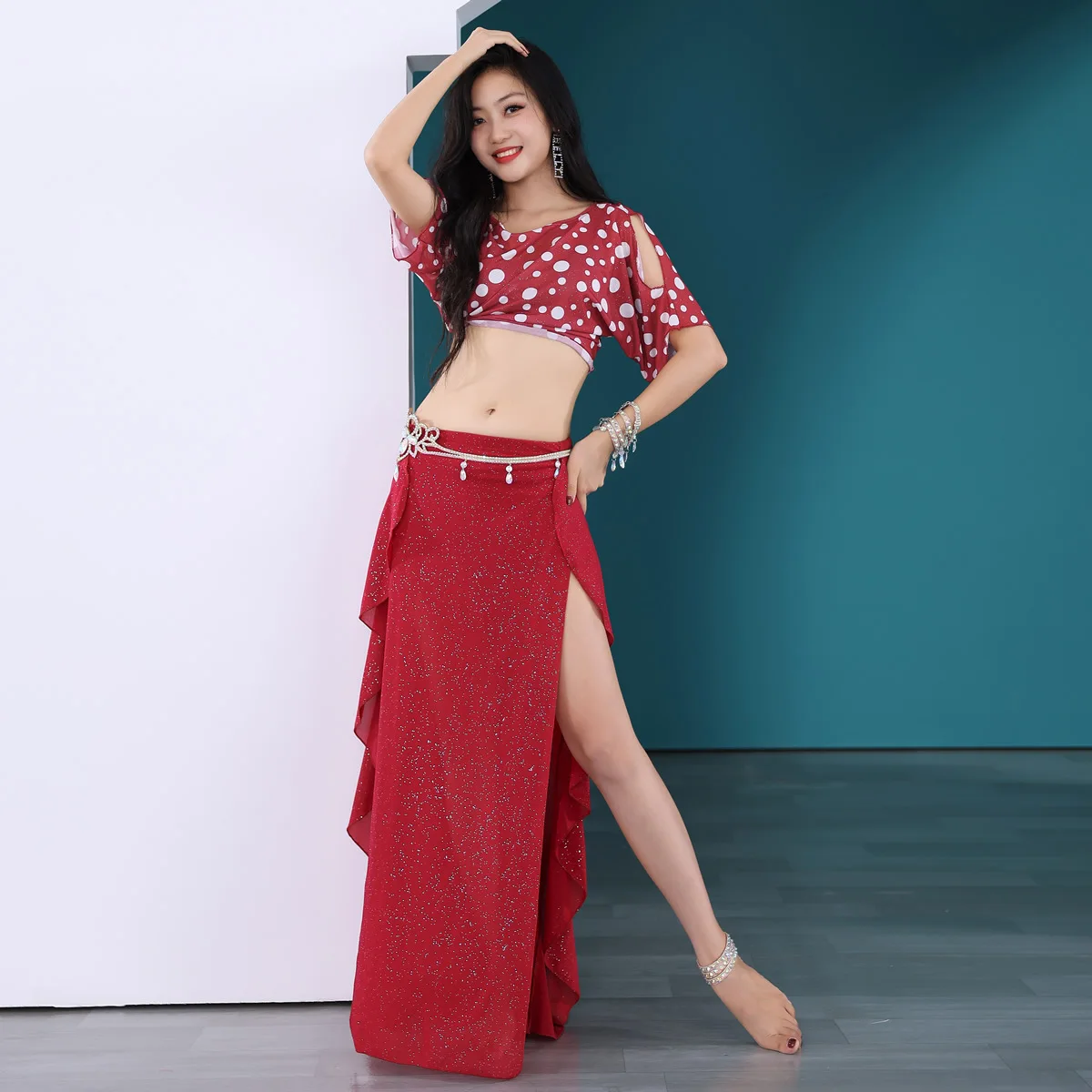 Bauchtanz Kostüm Polka Dot Lose Top Side Slit Lange Rock Sexy Frauen Oriental Dance Praxis Zeigen Tragen Outfit Licht gewicht