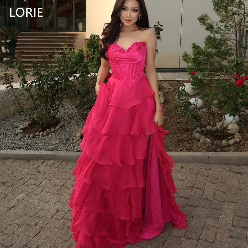 

LORIE очаровательное ярко-розовое вечернее платье из органзы без бретелек с разрезом по бокам вечернее платье для выпускного вечера многоуровневое трапециевидное корсетное платье для выпускного вечера по индивидуальному заказу
