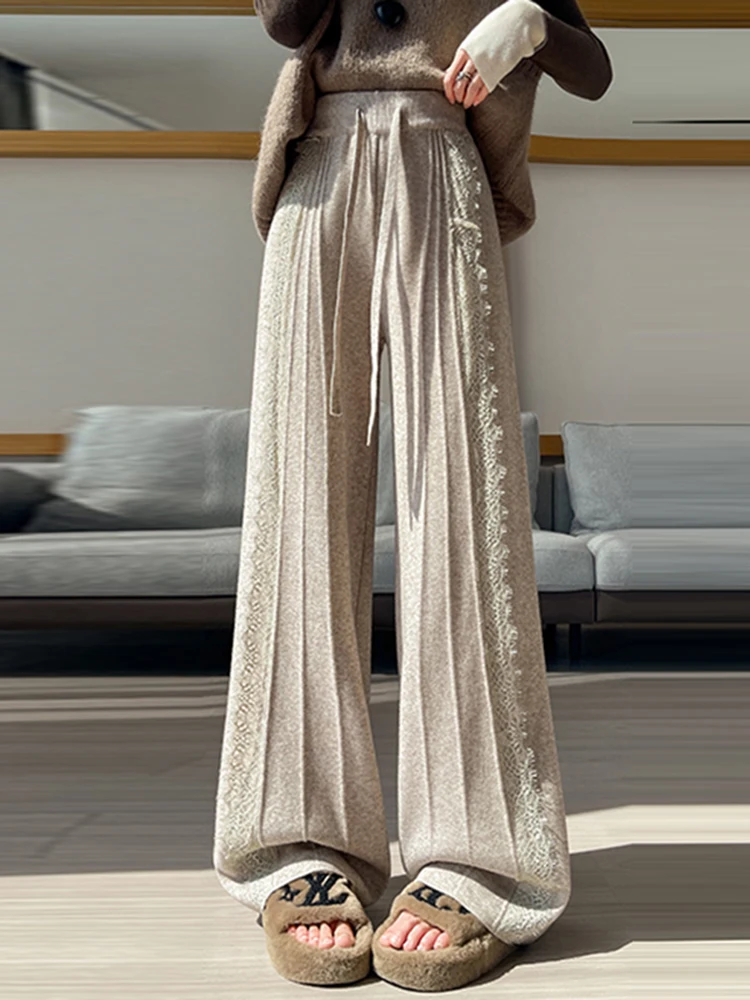 Spodnie damskie z wysokim stanem, koronkowe, dzianinowe, z szerokimi nogawkami, codzienne, proste, jesienno-zimowe, nowe, uniwersalne, wygodne.