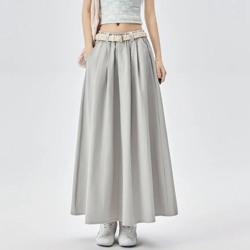 Qiukichonson Midi Long Skirts Womens Maxi Skirt 2026 Korea Casual Summer Skirt Elastic Waist Ruffle Pleated Skirts rok With Belt
