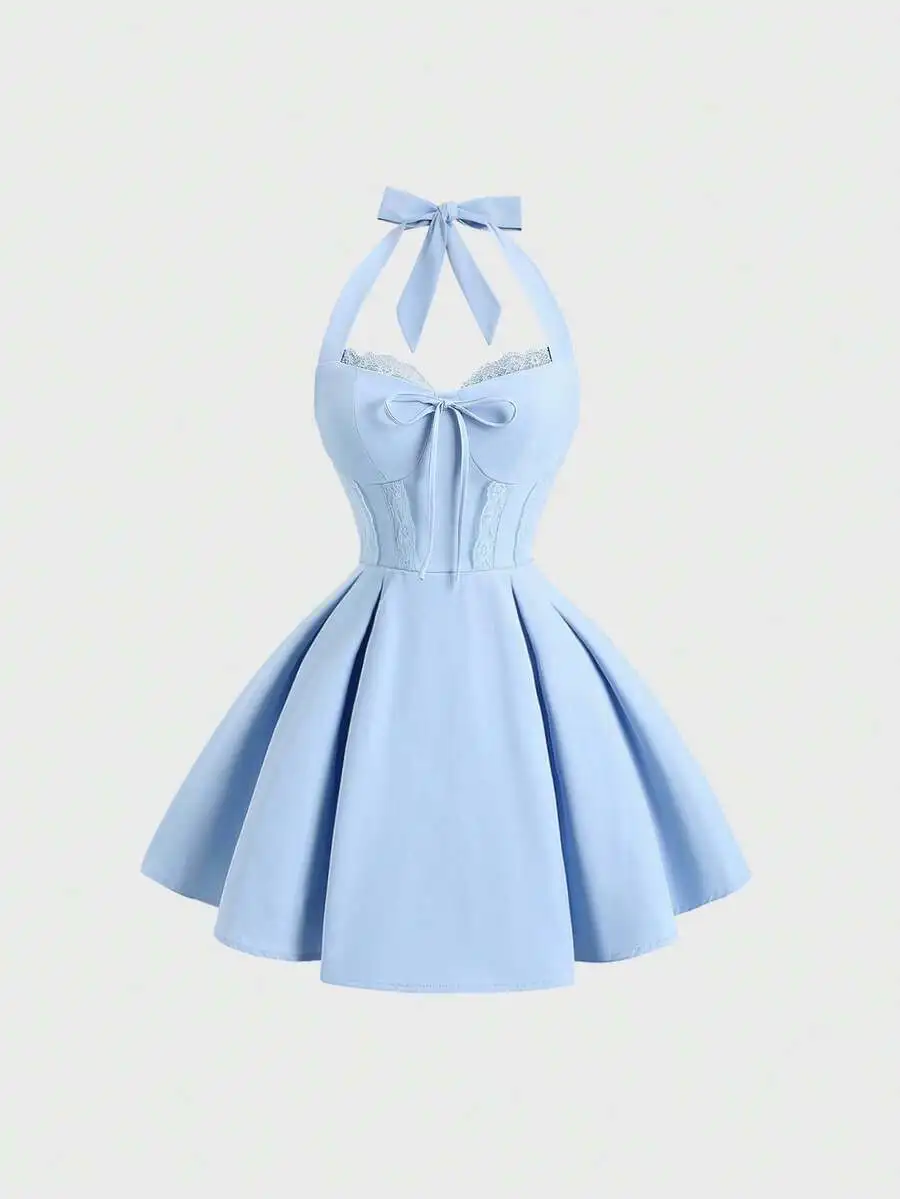 

Light Blue Halter Neck Mini Dress with Lace Trim and Bow Detail