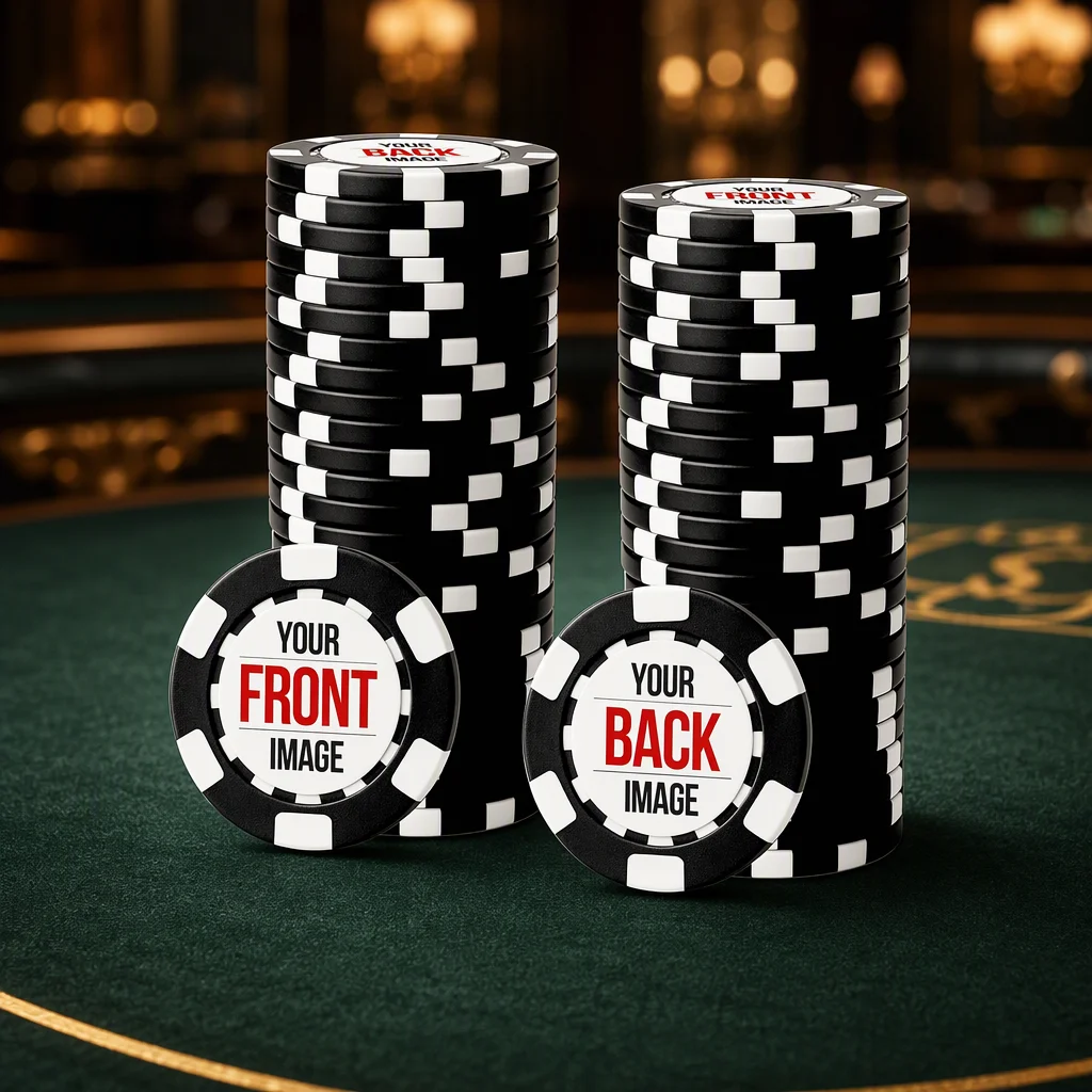 Custom Double-Sided Printed Casino Poker Sets of 50, 100 Chips with Logo or Photo for Parties, Weddings, Trade Shows, Promotions