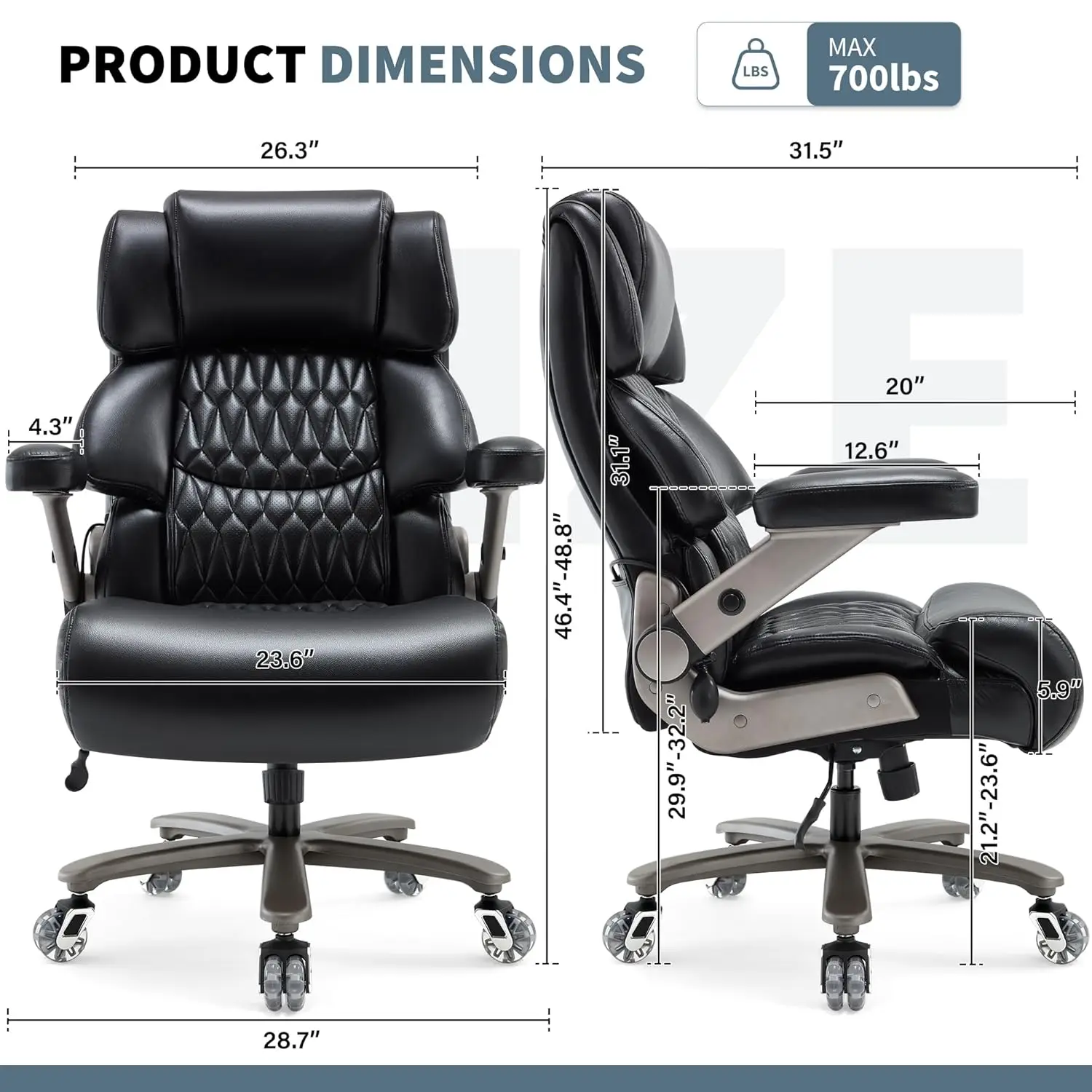 700lbs Big Tall Office Chair High Back 3D Flip Arms Adjustable Lumbar Extra Wide Seat Metal Base Quiet Wheels, Customized