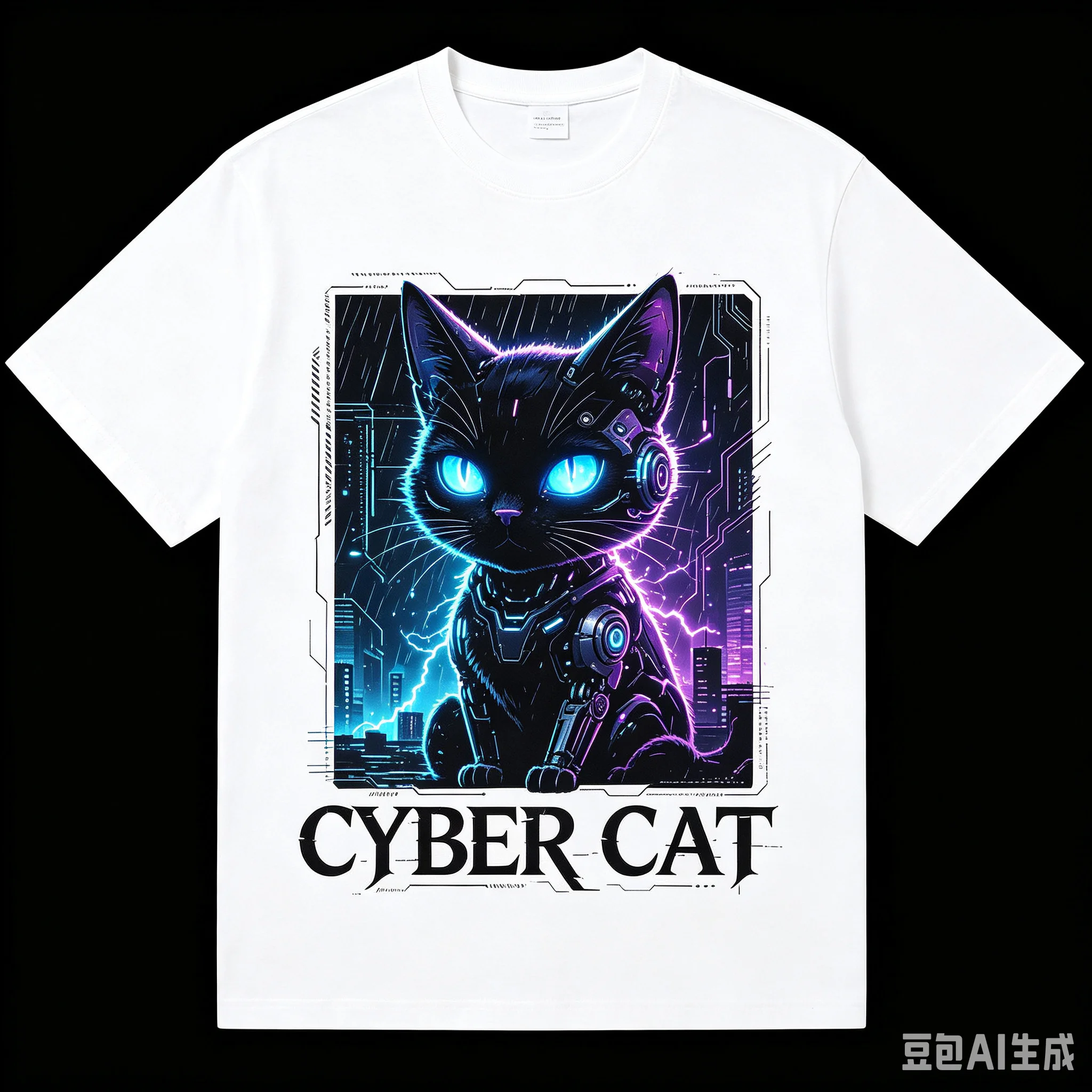 Unisex Men Women Oversized T‑Shirt Cyber Cat Mechanical Robot Black Cat Neon Light Cyberpunk Rain City Tech Poster Print Tees Casual Loose Short Sleeve Tops Futuristic Streetwear Cotton Tshirt