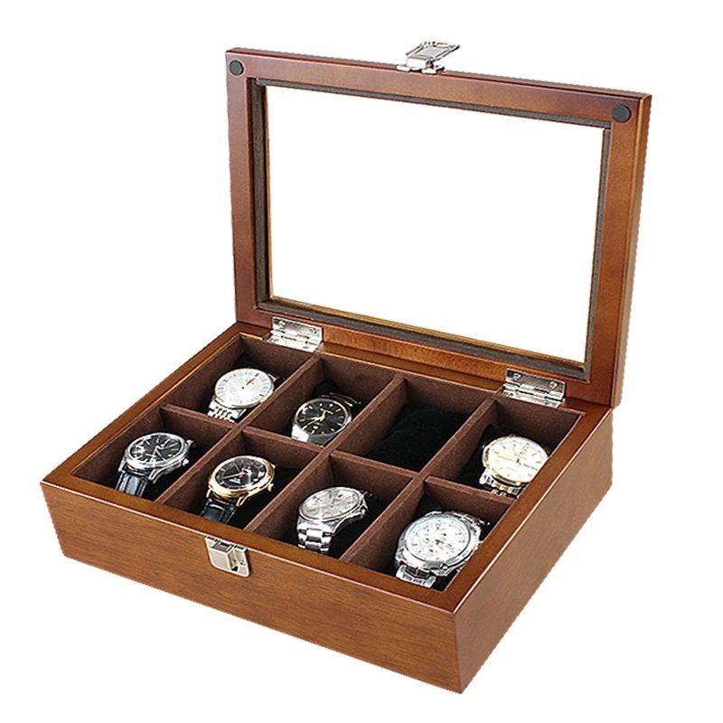 

8 Slot Watch Boxes Case New Coffee Wood Watch Organizer With Glass Mechanical Watch Holder Gift Case Holder Women