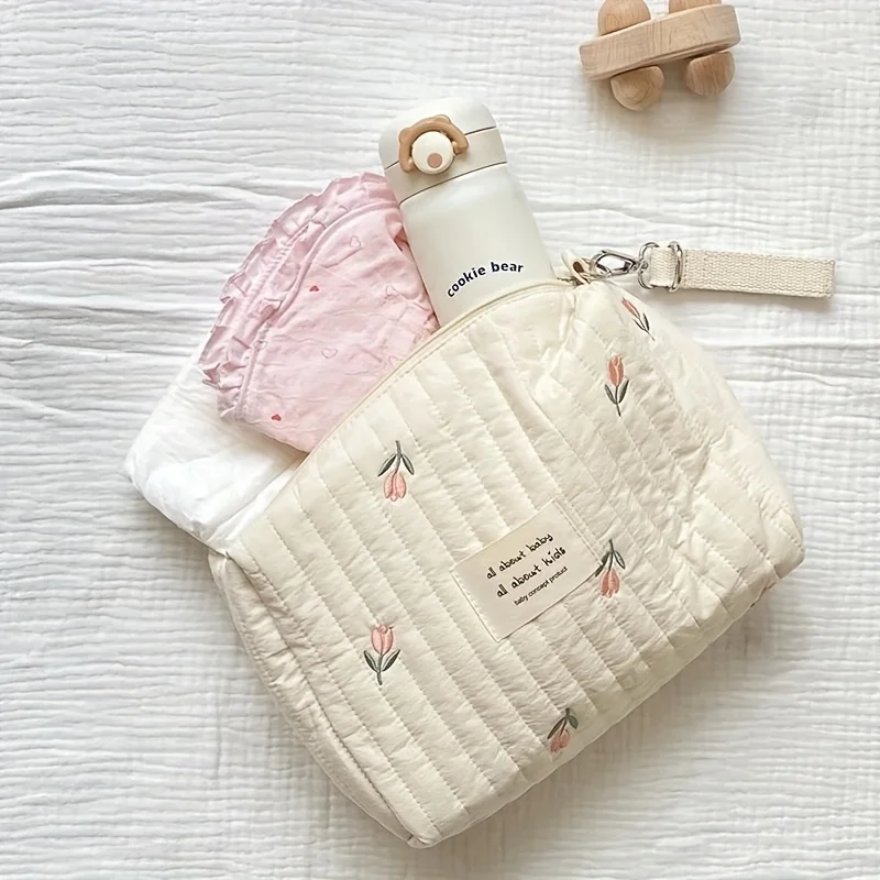

[1pc Embroidered Diaper Clutch Bag] Polyester Quilted Organizer Pouch with Zipper, Cute Floral Design