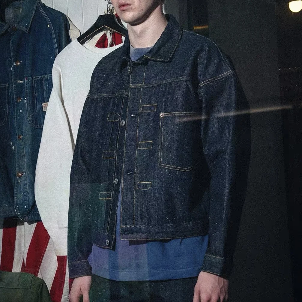 Saint Michael Raw Denim Jacket Men Dark Indigo Oversized Trucker Coat Yellow Stitch Streetwear Couple Vintage Jean Outerwear