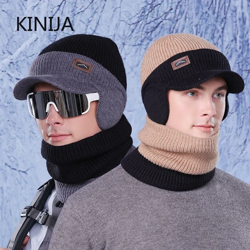 2pc Winter Hat Men Scarf Windproof Knitted Hat Warm Ear Protection for Outdoor Skiing Cycling Sunhat Bomber Skullies Beanies