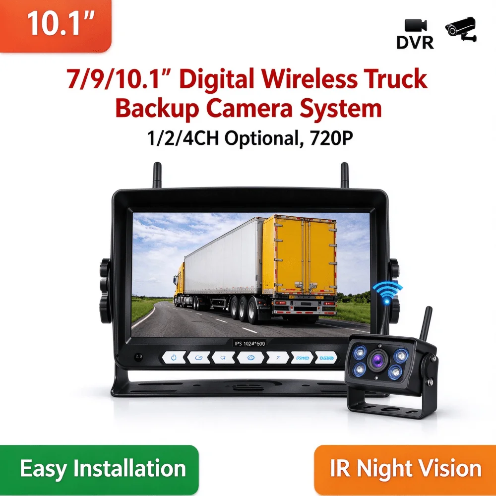 1/2/4CH Optional, 720P Camera, 12-24V Wide Voltage，Sistema de Câmera de Ré Digital Sem Fio para Caminhões de 7/9/10