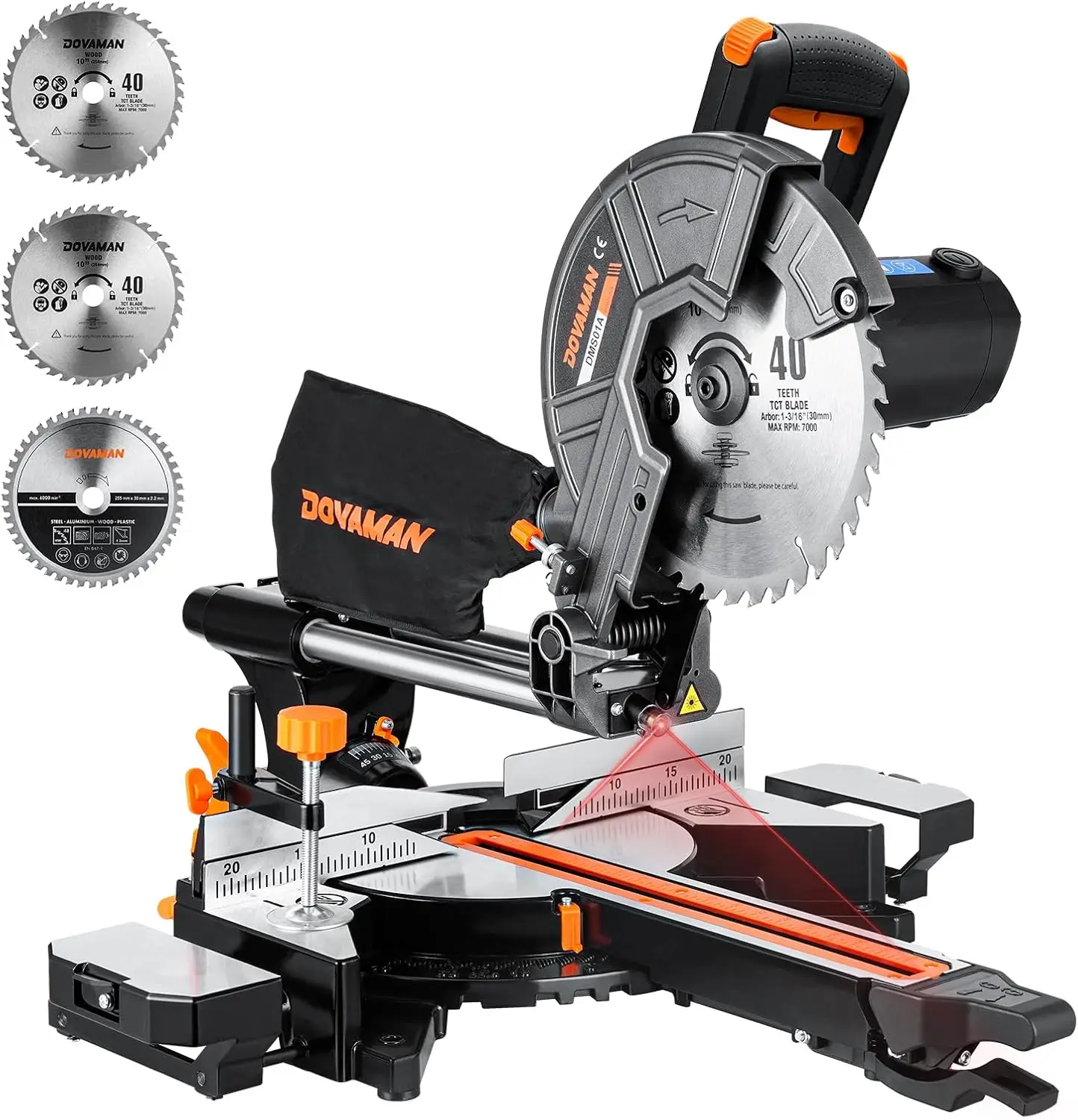 

10in Sliding Miter Saw, Multi-use w/ 3 Blades, 15A Miter Saw, 4500/3200RPM, Ambidextrous Use, 0-45° Bevel Laser Cut