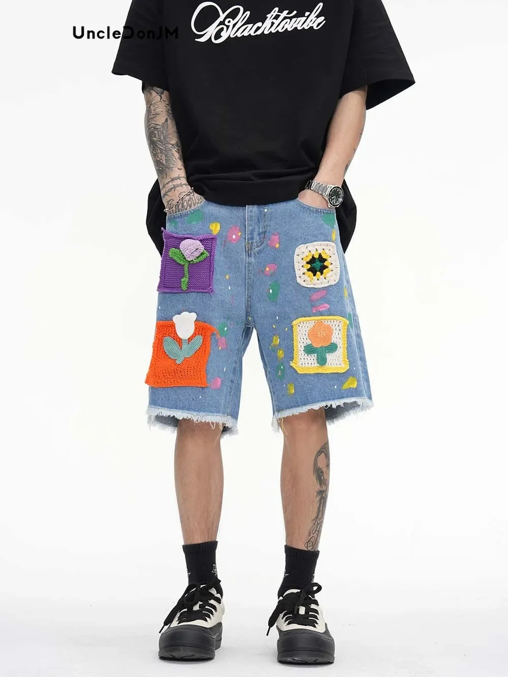 Graffiti Denim Shorts Padches Flower Jorts Heren Vibe Stijl Baggy Jorts Streetwear Y 2K Jeans Voor Heren