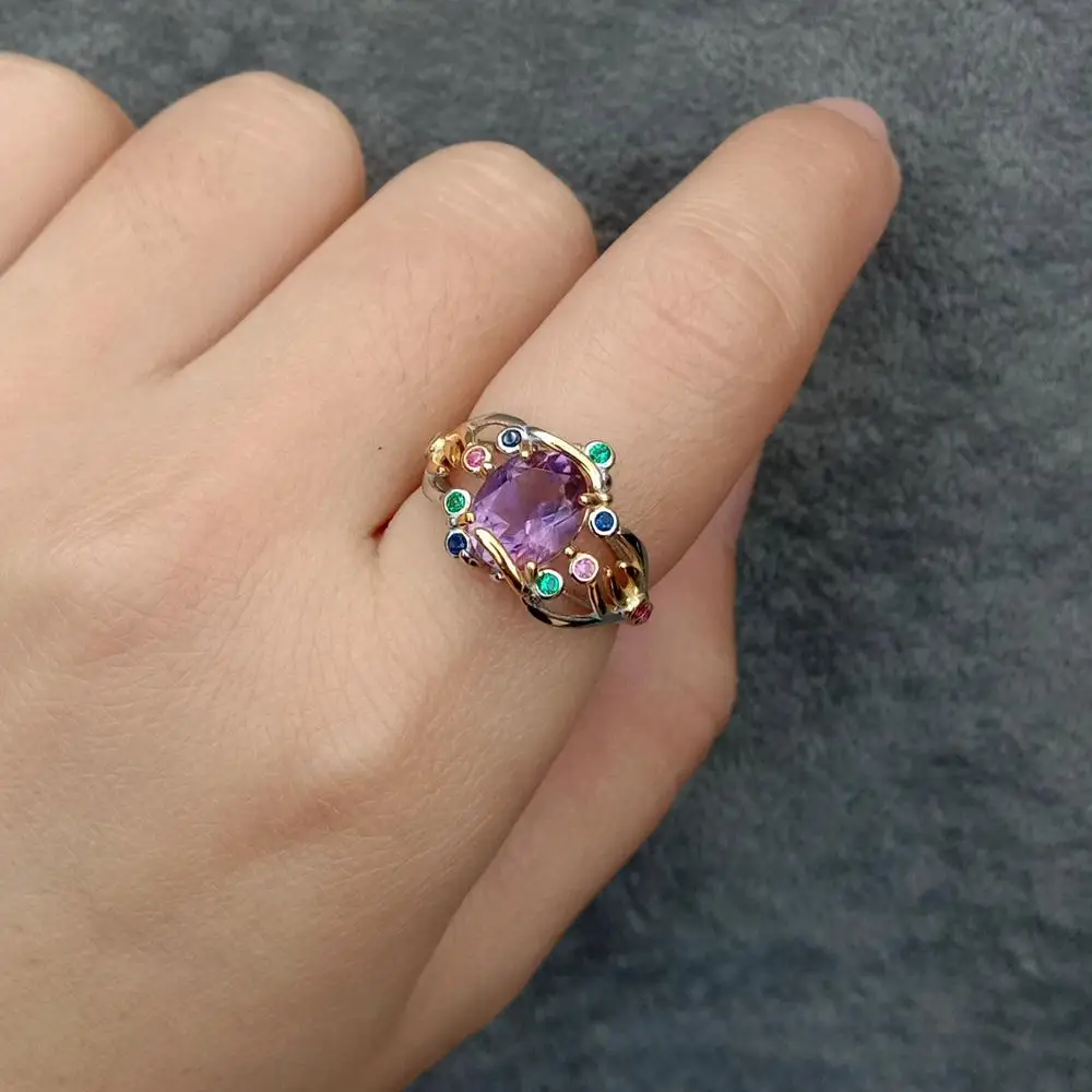 

Y.YING Natural Amethyst Rhinestone 925 Sterling Silver Gemstone Rings For Engagement Women Gift