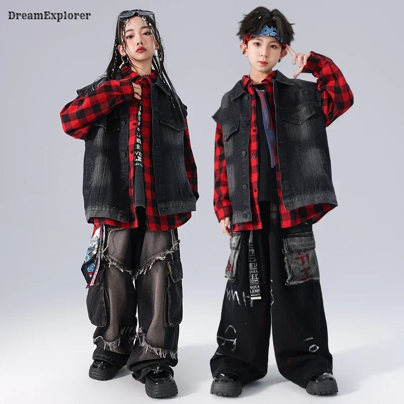 Boys Hip Hop Denim Vest Loose Cargo Jeans Pants Girls Street Dance Plaid Shirt Kids Jazz K-pop Clothes Sets Children Streetwear