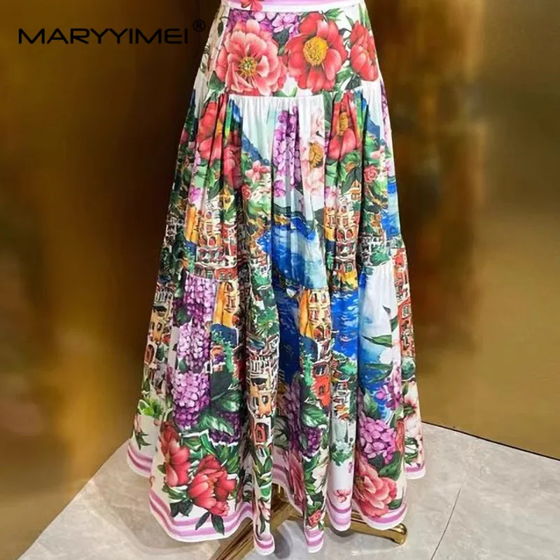 MARYYIMEI Elegant Vacation Floral Women\'s Summer Fashion Print Design Slim Cotton Pleated Skirt