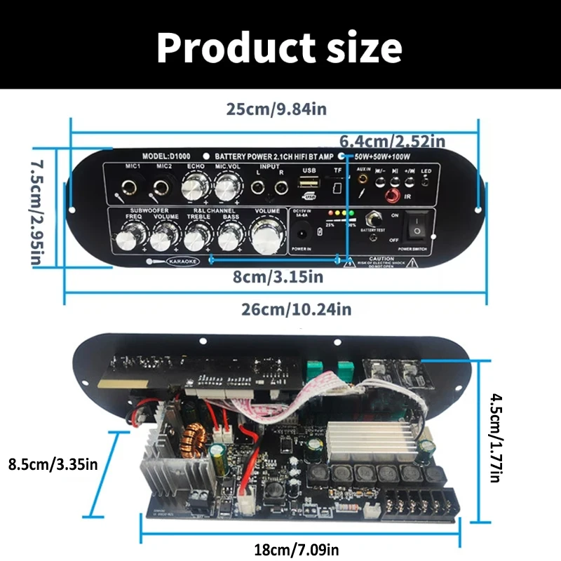 WOOPKER D1000 Scheda amplificatore Bluetooth 50W + 50W + 100W 2.1 canali BT5.0 Amplificatore subwoofer ricaricabile per auto Karaoke domestico