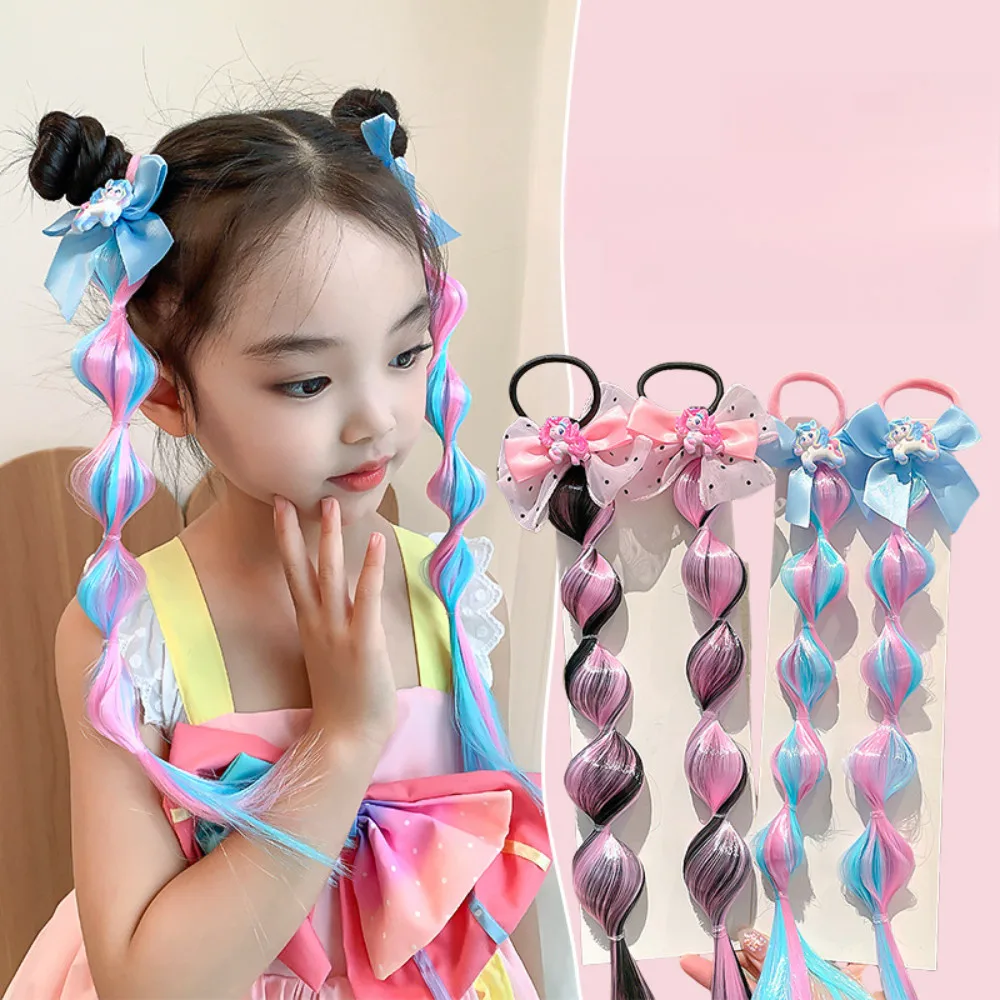 40 cm Little Pony Gradient Colorato Bubble Trecce Parrucca Bambini Ragazza Bowknot Nastro Corda per capelli Estensione dei capelli