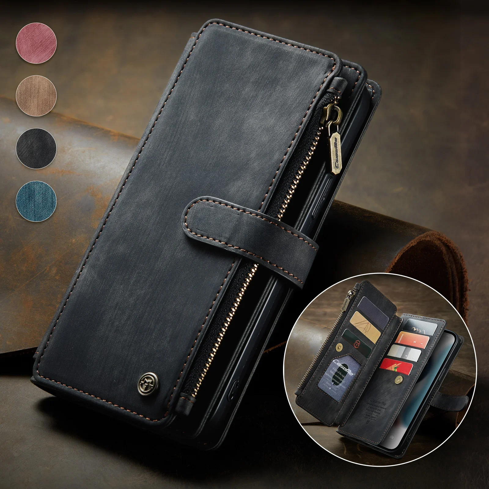 

Zipper Wallet Flip Phone Case For iPhone 16 15 14 13 12 Mini 11 Pro XS Max XR X 8 7 Plus Purse Card Holder Stand Leather Cover