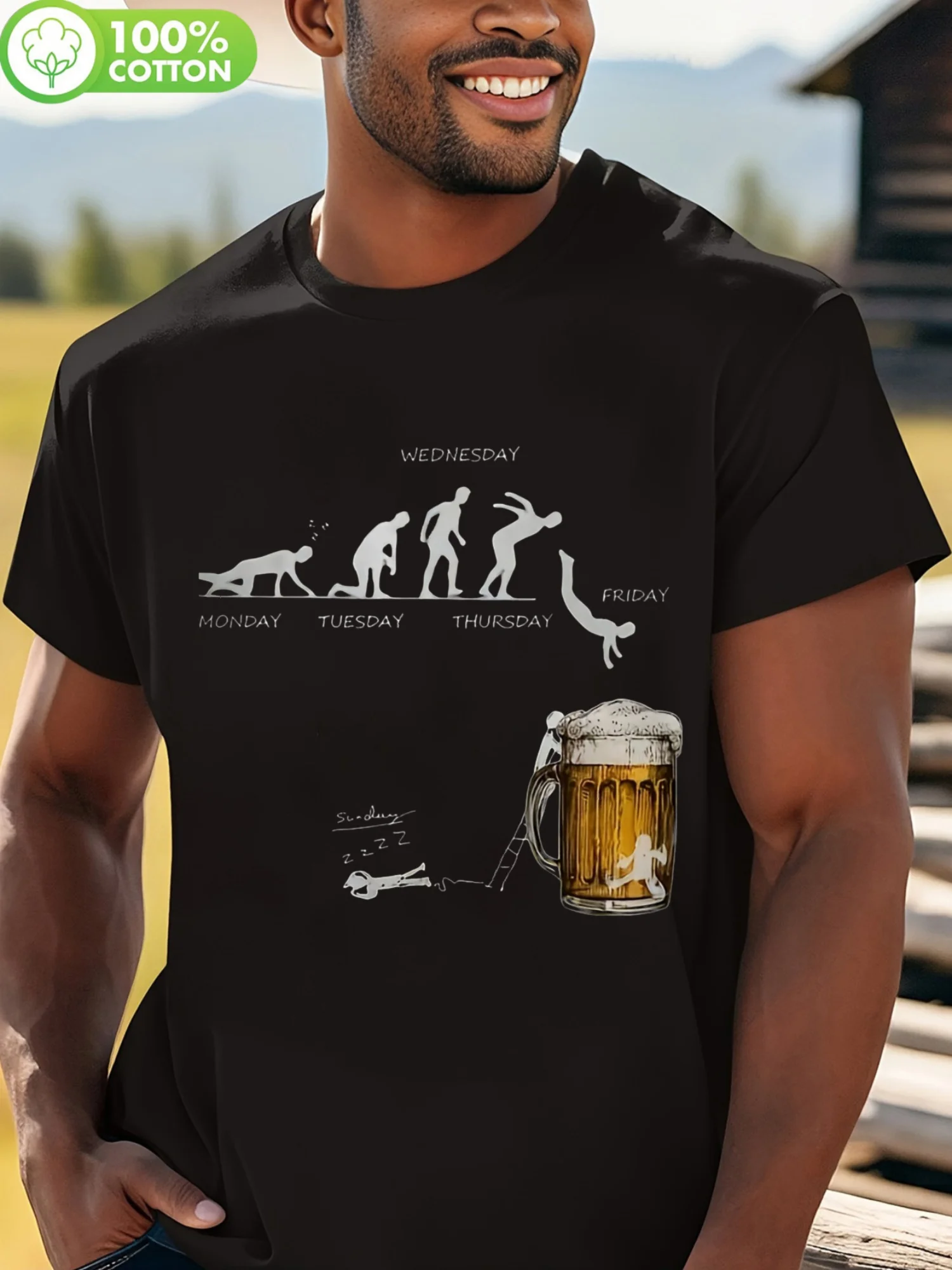 T-shirt humoristique pour hommes avec motif « Evolution du lundi au vendredi et bière du week-end » - T-shirt d'été décontracté respirant 100 % coupe classique à col rond - Lavable en machine - Expédié depuis les États-Unis - T-shirts mignons