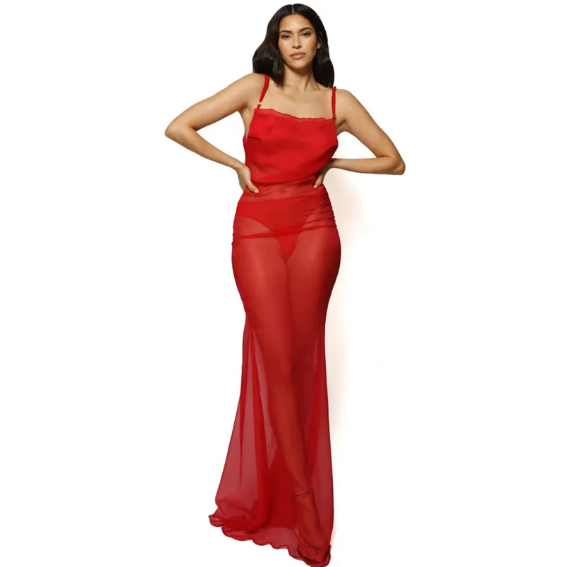 

See Through Red Chiffon Woman Clothes Open Back Sexy Party Dress Floor Length Maxi Long Evening Dresses Free Shipping Night Gown