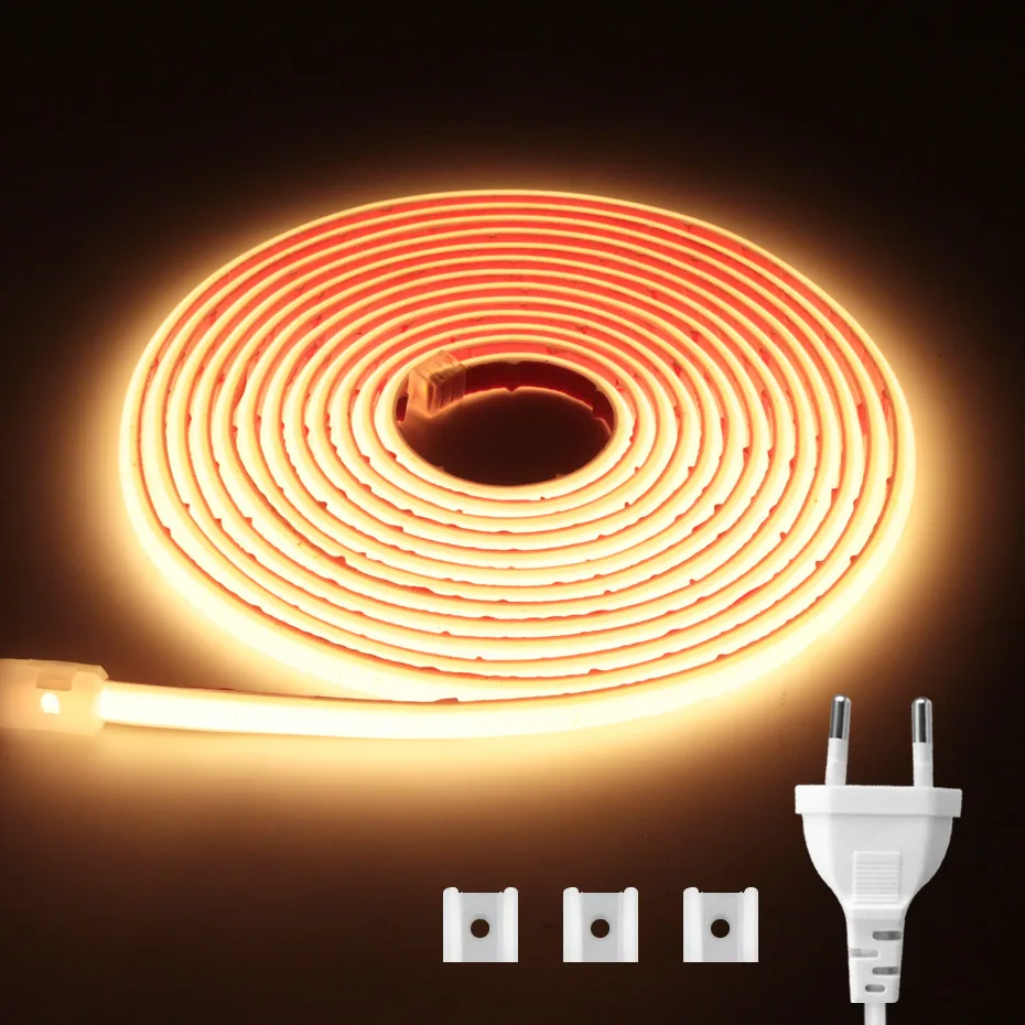 

AU EU Plug AC 220V COB Светодиодная лента Гибкая лента Водонепроницаемая светодиодная неоновая лампа Клейкая лента для украшения внутреннего освещения