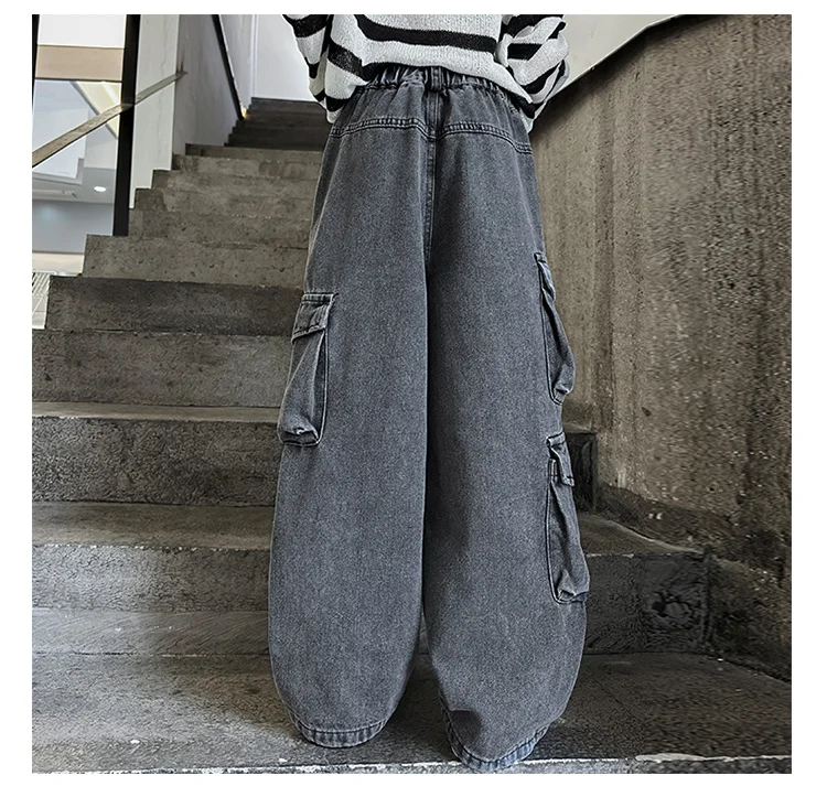 Retro Graue Cowgirl Cargo Jeans mit Taschen für Kinder, Lässige Denim-Hosen für Schule und Freizeit, Gerade Jeans für junge Mädchen – Detail 3