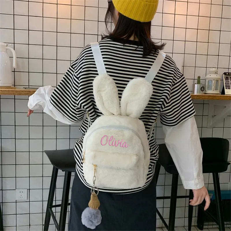 Mochila bordada con nombre personalizado para mujer, Mini mochila de piel sintética con Orejas de conejo, bolsos de hombro de viaje, mochila de felpa Kawaii