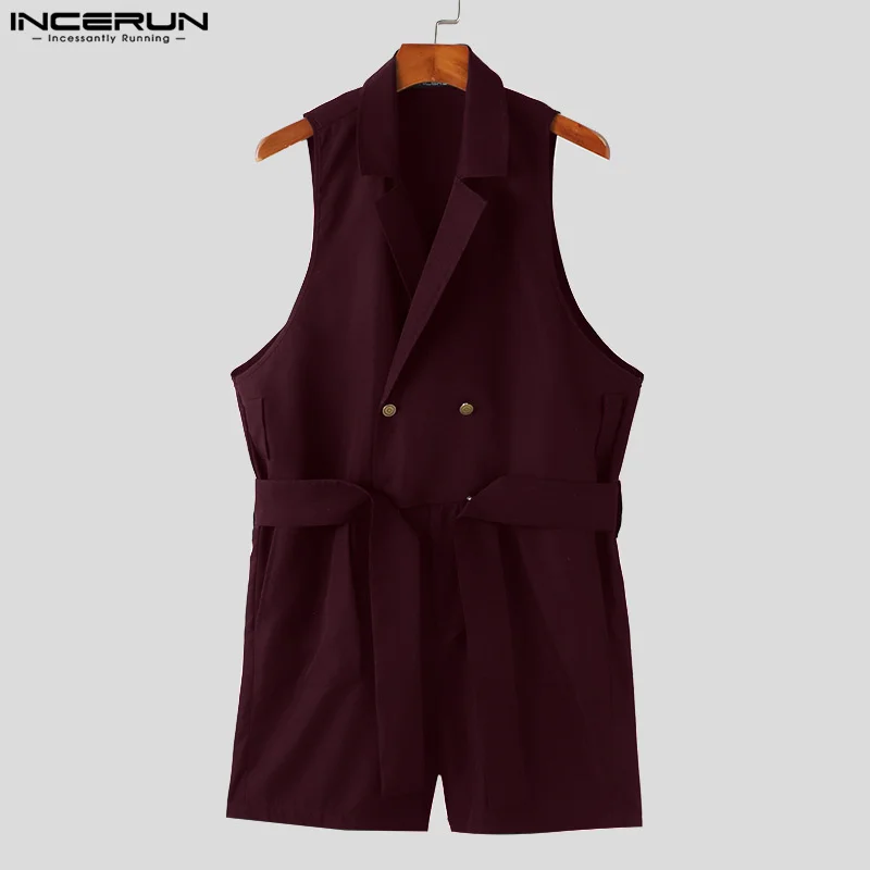 INCERUN Men Rompers Solid Color Lapel Sleeveless Male Casual Jumpsuits Lace Up Streetwear Summer 2024 Fashion Overalls S-5XL