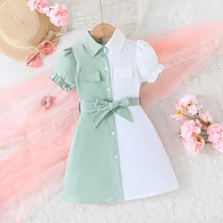 Dress For Kids 4-7 Years old Birthday Style  Short Sleeve Princess Formal Button Stitching Dresses with Belt Ootd For Baby Girl