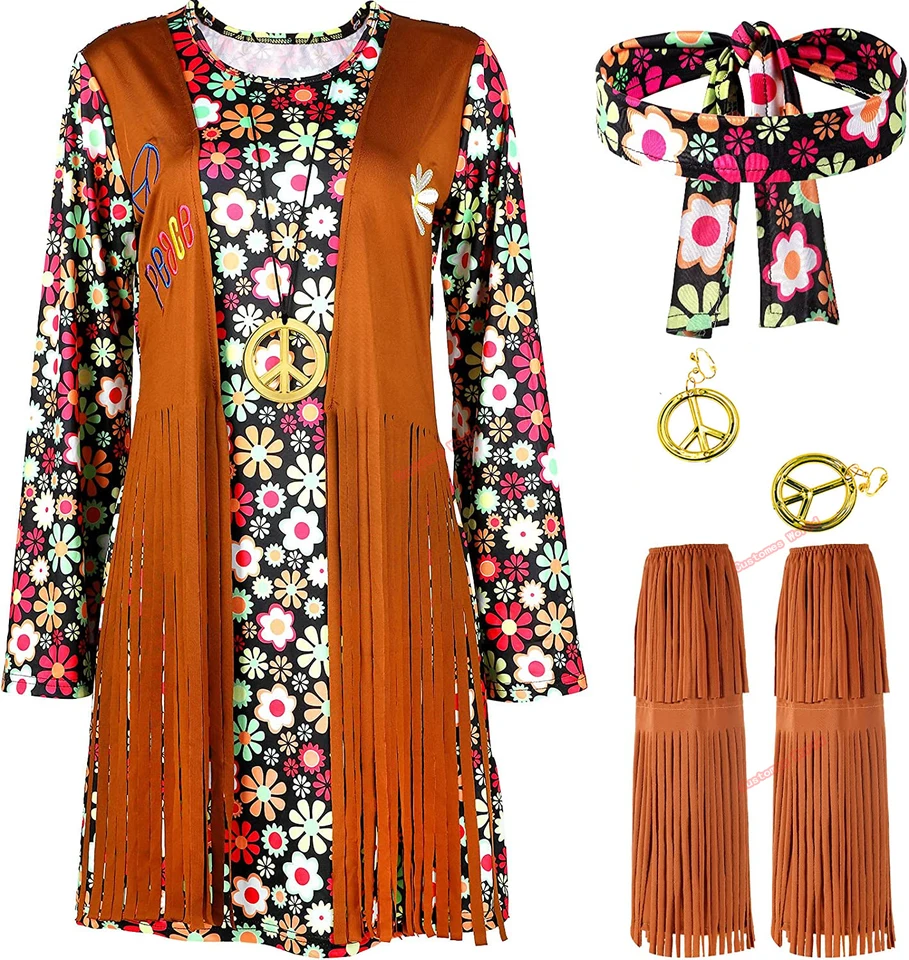 Costume Hippie Femme – Gilet à Franges, Bandeau, Bijoux Et Lunettes Vintage – Années 70 – Déguisement Carnaval