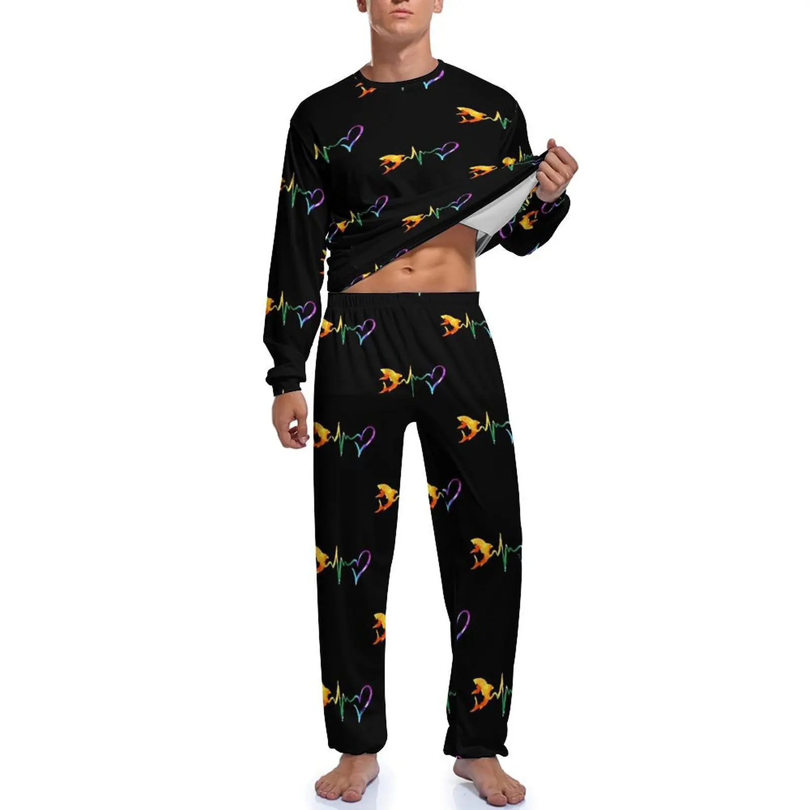 Ensemble de pyjama à manches longues pour hommes, vêtements de nuit College, animal abstrait, battement de coeur de requin mignon, sommeil masculin, automne, 2 pièces