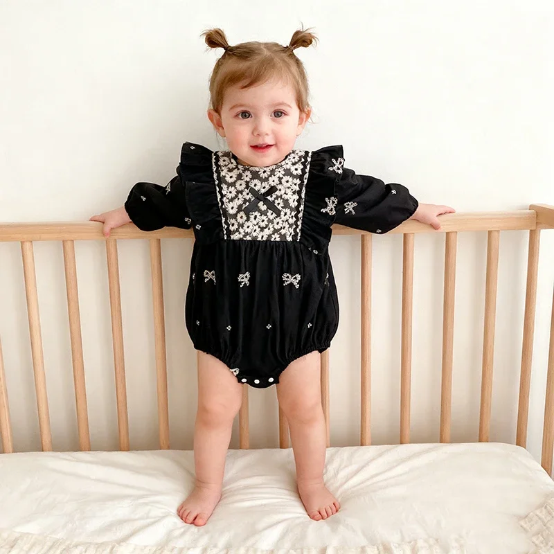 جديد ملابس الطفل القطنية الطفل المطرزة القوس رومبير الخريف الوليد الفتيات رومبير ملابس الطفل طويلة الأكمام بذلة تسلق الملابس