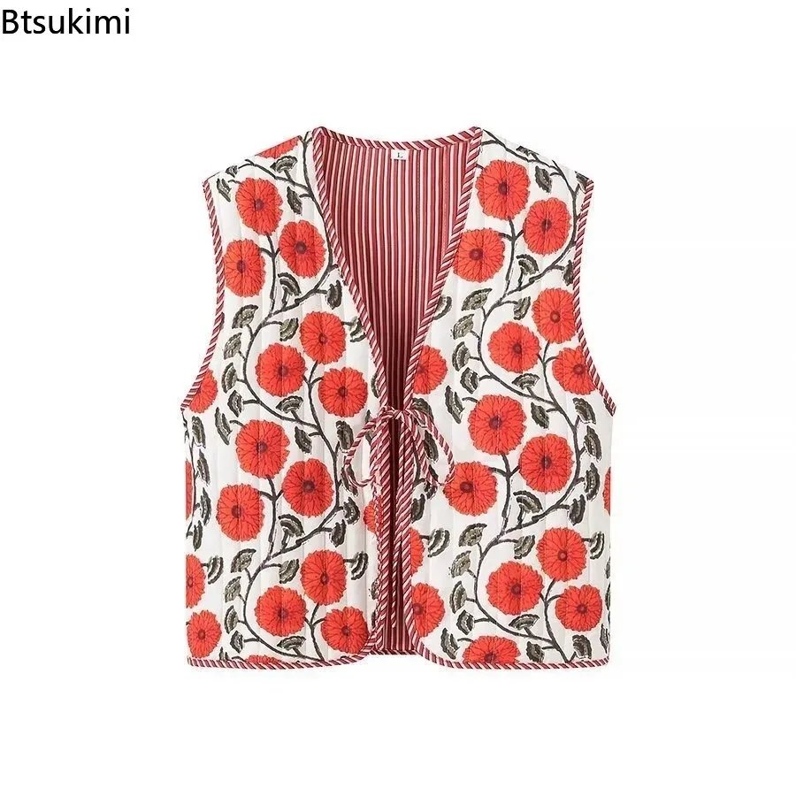 2025 Autumn Winter Women National Style Sleeveless Patchwork Floral Print Quilted Vest Jacket Fashion Ladies Lace Up WaistCoat