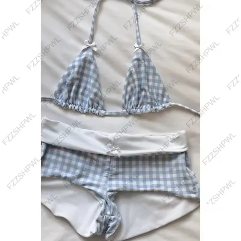 ผู้หญิง Beachwear ชุดบิกินี่ใหม่ Retro ลายสก๊อตสีฟ้าอเมริกันแฟชั่นชายหาดบิกินี่ชุดลําลองฤดูร้อน 2025 ชุดว่ายน้ํา