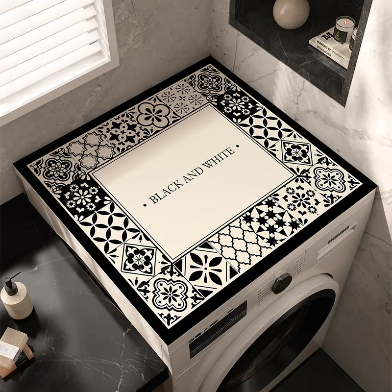 VIKAMA Black White Moroccan Tile Washing Machine Top Mat Geometric Floral Border Waterproof Anti Dust Dryer Cabinet Pad