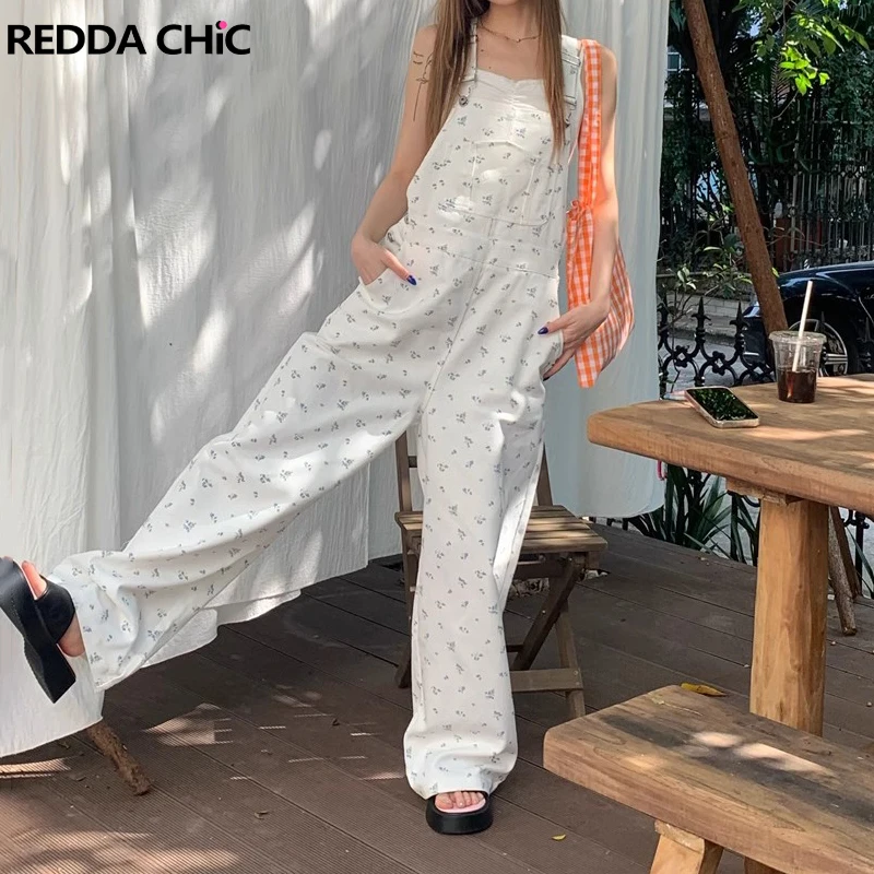 

REDDACHiC White Floral Women Denim Overalls Big Pocket Wide Leg Jeans Jumpsuit Y2k Vintage Casual Loose Fit Bib Pants Workwear